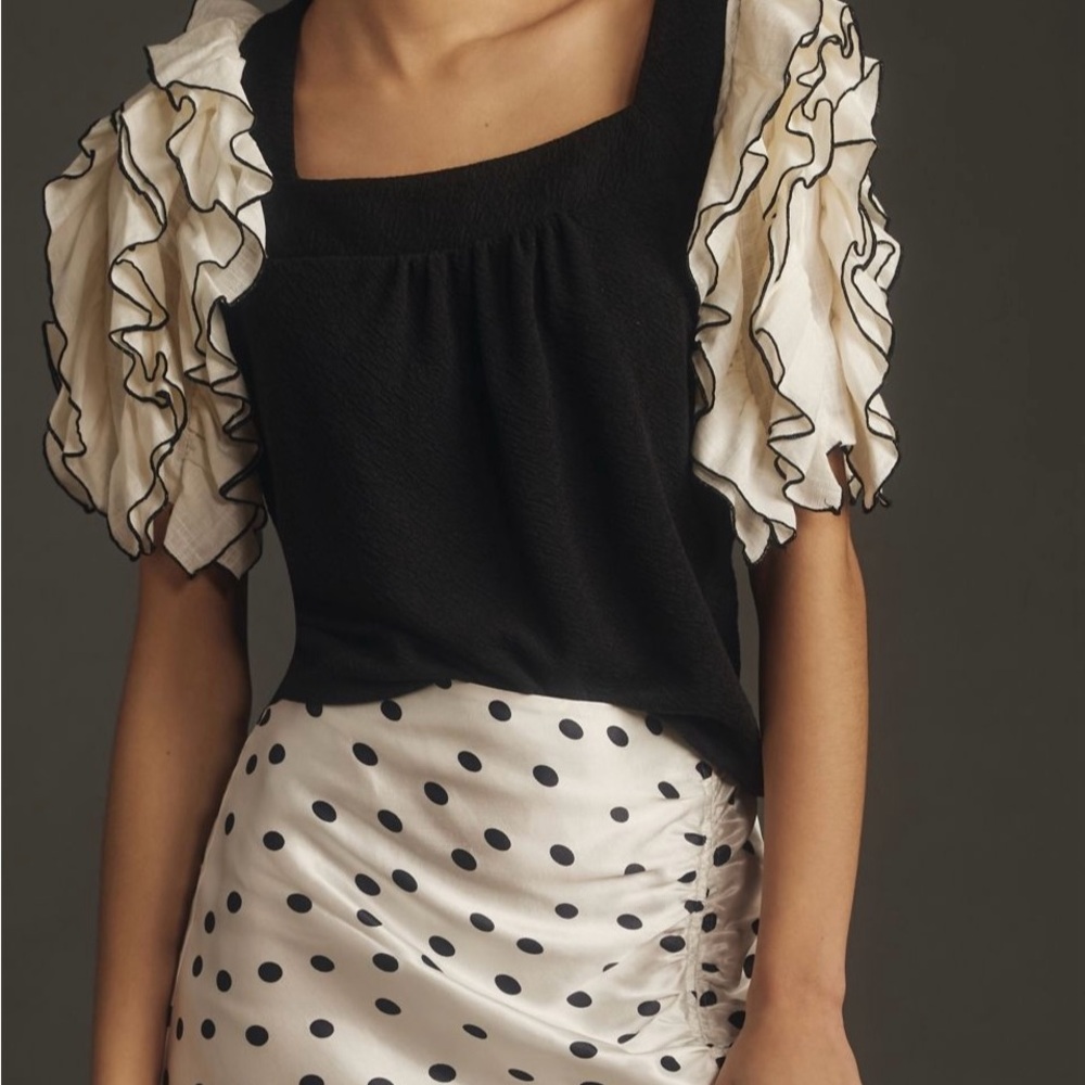 Anthropologie Black Top with White Ruffle Sleeves